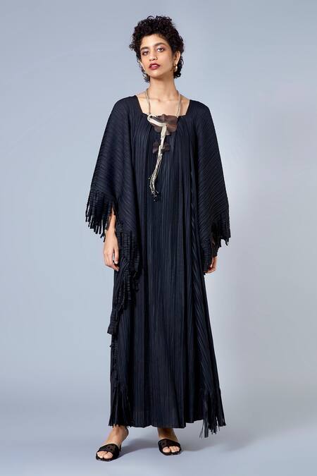 Scarlet Sage Black Pleated Fringe Kaftan 4