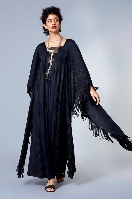 Scarlet Sage Black Pleated Fringe Kaftan 5