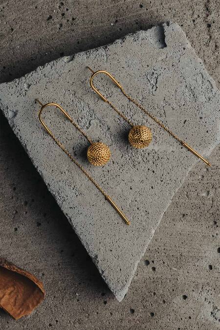 Shop_The Slow Studio_Gold Plated Handcrafted Filigree Long Earrings _Online_at_Aza_Fashions