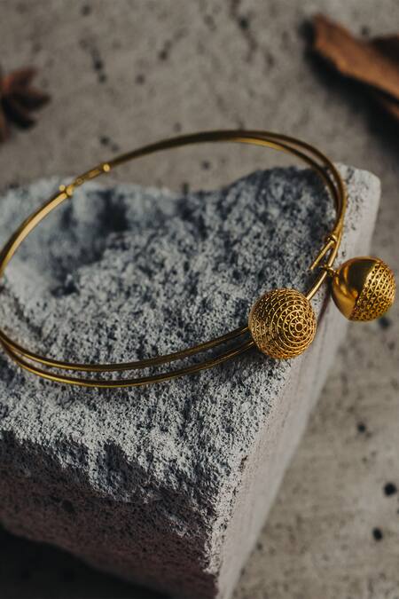 The Slow Studio_Gold Plated Handcrafted Ball Drop Hoops _at_Aza_Fashions