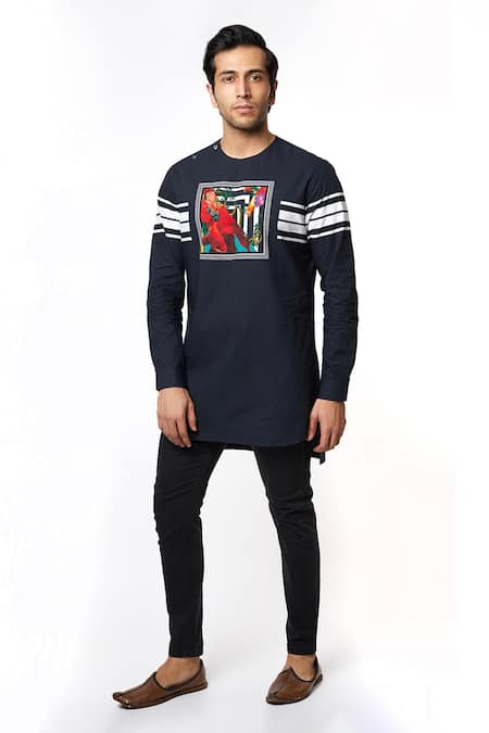MR. Ajay Kumar Black Cotton Printed Motif And Striped Luxe T-shirt 