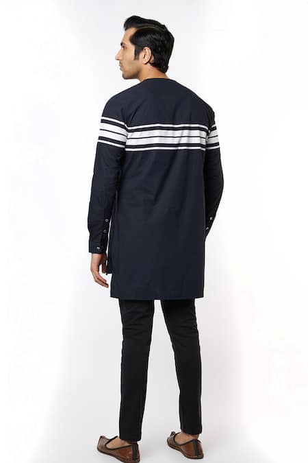 Shop MR. Ajay Kumar Black Cotton Printed Motif And Striped Luxe T-shirt at Aza Fashions Shop_MR. Ajay Kumar_Black Cotton Printed Motif And Striped Luxe T-shirt _at_Aza_Fashions