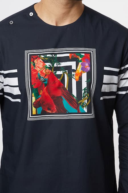 Shop MR. Ajay Kumar Black Cotton Printed Motif And Striped Luxe T-shirt Online at Aza Fashions Shop_MR. Ajay Kumar_Black Cotton Printed Motif And Striped Luxe T-shirt _Online_at_Aza_Fashions