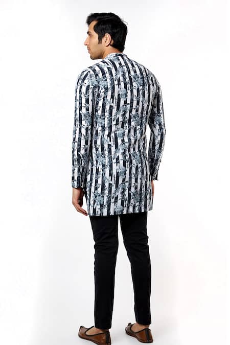 MR. Ajay Kumar Stripes & Floral Print Asymmetric Kurta 