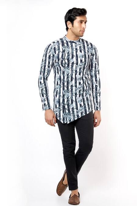 MR. Ajay Kumar Black Cotton Stripes And Floral Print Asymmetric Kurta Online at Aza Fashions MR. Ajay Kumar_Black Cotton Stripes And Floral Print Asymmetric Kurta _Online_at_Aza_Fashions
