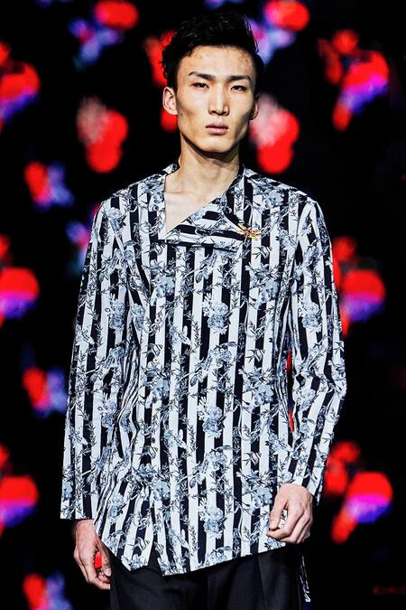 Buy MR. Ajay Kumar Black Cotton Stripes And Floral Print Asymmetric Kurta Online at Aza Fashions Buy_MR. Ajay Kumar_Black Cotton Stripes And Floral Print Asymmetric Kurta _Online_at_Aza_Fashions