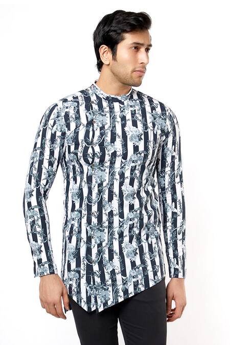 Shop MR. Ajay Kumar Black Cotton Stripes And Floral Print Asymmetric Kurta Online at Aza Fashions Shop_MR. Ajay Kumar_Black Cotton Stripes And Floral Print Asymmetric Kurta _Online_at_Aza_Fashions