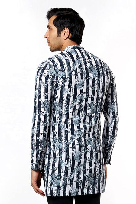 MR. Ajay Kumar Black Cotton Stripes And Floral Print Asymmetric Kurta at Aza Fashions MR. Ajay Kumar_Black Cotton Stripes And Floral Print Asymmetric Kurta _at_Aza_Fashions
