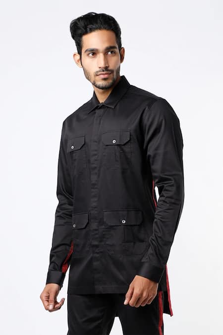 MR. Ajay Kumar Black Cotton Satin Safari Shirt And Pant Set With Side Trims Online at Aza Fashions MR. Ajay Kumar_Black Cotton Satin Safari Shirt And Pant Set With Side Trims _Online_at_Aza_Fashions