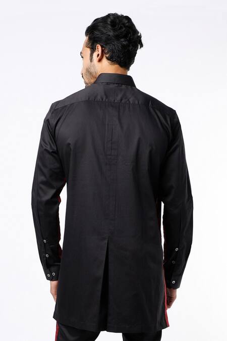 Shop MR. Ajay Kumar Black Cotton Satin Safari Shirt And Pant Set With Side Trims Online at Aza Fashions Shop_MR. Ajay Kumar_Black Cotton Satin Safari Shirt And Pant Set With Side Trims _Online_at_Aza_Fashions