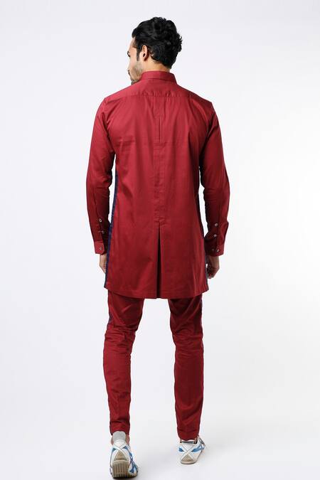 Shop MR. Ajay Kumar Maroon Cotton Satin Safari Shirt And Pant Set at Aza Fashions Shop_MR. Ajay Kumar_Maroon Cotton Satin Safari Shirt And Pant Set _at_Aza_Fashions