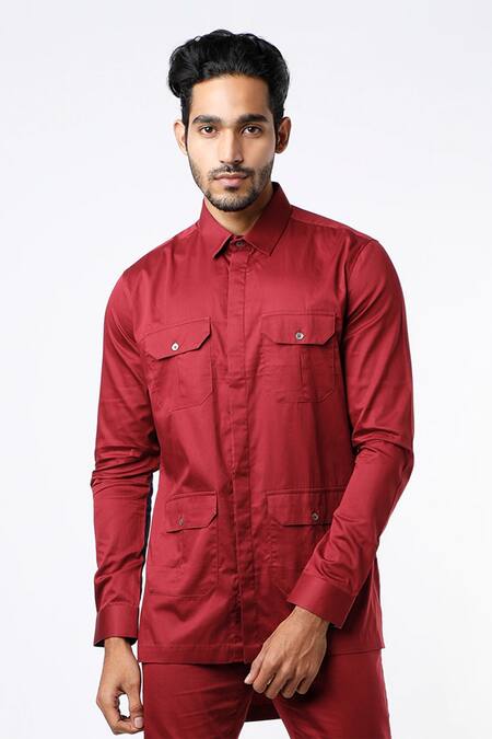 MR. Ajay Kumar Maroon Cotton Satin Safari Shirt And Pant Set Online at Aza Fashions MR. Ajay Kumar_Maroon Cotton Satin Safari Shirt And Pant Set _Online_at_Aza_Fashions