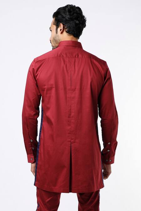 Shop MR. Ajay Kumar Maroon Cotton Satin Safari Shirt And Pant Set Online at Aza Fashions Shop_MR. Ajay Kumar_Maroon Cotton Satin Safari Shirt And Pant Set _Online_at_Aza_Fashions