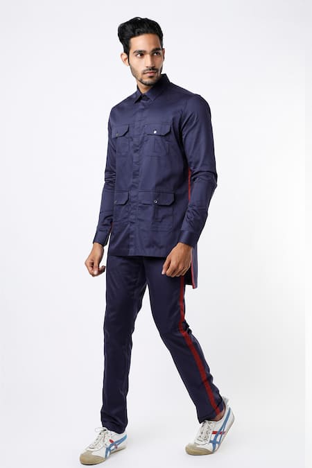MR. Ajay Kumar Navy Cotton Satin Multi Pocket Safari Shirt And Pant Set 