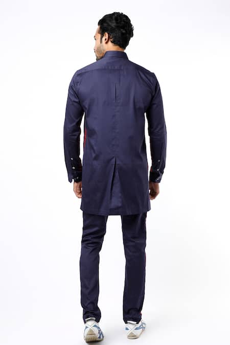 Shop MR. Ajay Kumar Navy Cotton Satin Multi Pocket Safari Shirt And Pant Set at Aza Fashions Shop_MR. Ajay Kumar_Navy Cotton Satin Multi Pocket Safari Shirt And Pant Set _at_Aza_Fashions