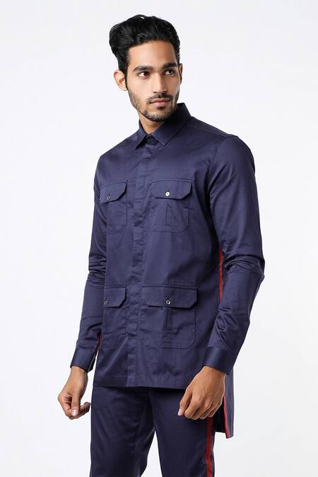 MR. Ajay Kumar Navy Cotton Satin Multi Pocket Safari Shirt And Pant Set Online at Aza Fashions MR. Ajay Kumar_Navy Cotton Satin Multi Pocket Safari Shirt And Pant Set _Online_at_Aza_Fashions