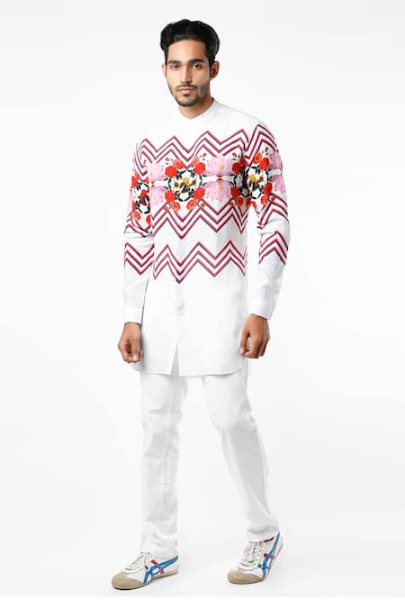 MR. Ajay Kumar White Linen Printed Kurta Style Shirt 