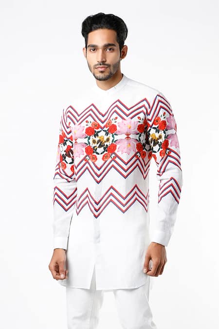 MR. Ajay Kumar White Linen Printed Kurta Style Shirt Online at Aza Fashions MR. Ajay Kumar_White Linen Printed Kurta Style Shirt _Online_at_Aza_Fashions