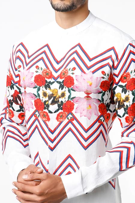 Shop MR. Ajay Kumar White Linen Printed Kurta Style Shirt Online at Aza Fashions Shop_MR. Ajay Kumar_White Linen Printed Kurta Style Shirt _Online_at_Aza_Fashions