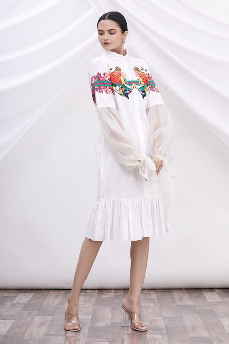 MR. Ajay Kumar White Cotton Floral Motifs Shirt Band Collar Printed Dress 