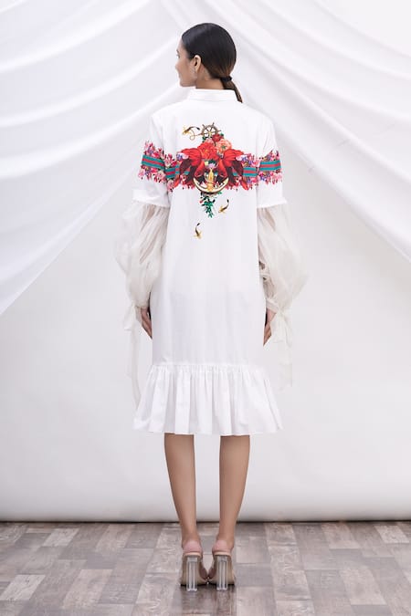 Shop MR. Ajay Kumar White Cotton Floral Motifs Shirt Band Collar Printed Dress at Aza Fashions Shop_MR. Ajay Kumar_White Cotton Floral Motifs Shirt Band Collar Printed Dress _at_Aza_Fashions