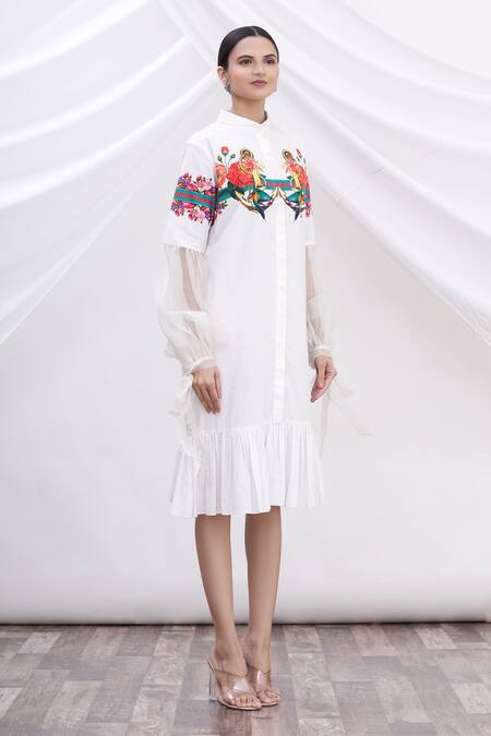 MR. Ajay Kumar White Cotton Floral Motifs Shirt Band Collar Printed Dress Online at Aza Fashions MR. Ajay Kumar_White Cotton Floral Motifs Shirt Band Collar Printed Dress _Online_at_Aza_Fashions