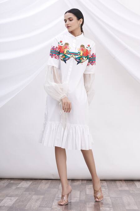 Buy MR. Ajay Kumar White Cotton Floral Motifs Shirt Band Collar Printed Dress Online at Aza Fashions Buy_MR. Ajay Kumar_White Cotton Floral Motifs Shirt Band Collar Printed Dress _Online_at_Aza_Fashions