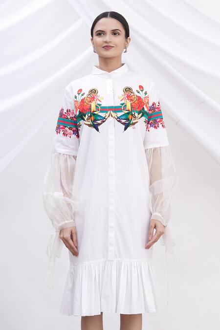 Shop MR. Ajay Kumar White Cotton Floral Motifs Shirt Band Collar Printed Dress Online at Aza Fashions Shop_MR. Ajay Kumar_White Cotton Floral Motifs Shirt Band Collar Printed Dress _Online_at_Aza_Fashions