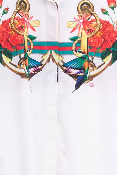 MR. Ajay Kumar White Cotton Floral Motifs Shirt Band Collar Printed Dress at Aza Fashions MR. Ajay Kumar_White Cotton Floral Motifs Shirt Band Collar Printed Dress _at_Aza_Fashions