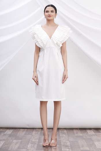 Buy_MR. Ajay Kumar_White Cotton V Neck Ruffle Dress _Online_at_Aza_Fashions