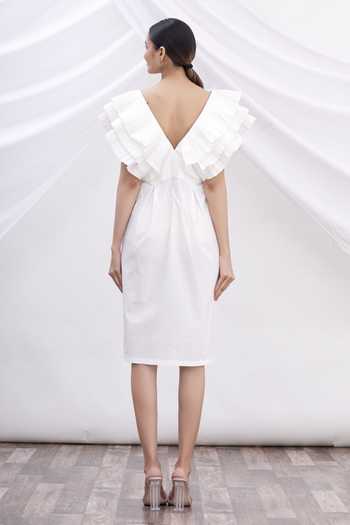 Shop_MR. Ajay Kumar_White Cotton V Neck Ruffle Dress _Online_at_Aza_Fashions