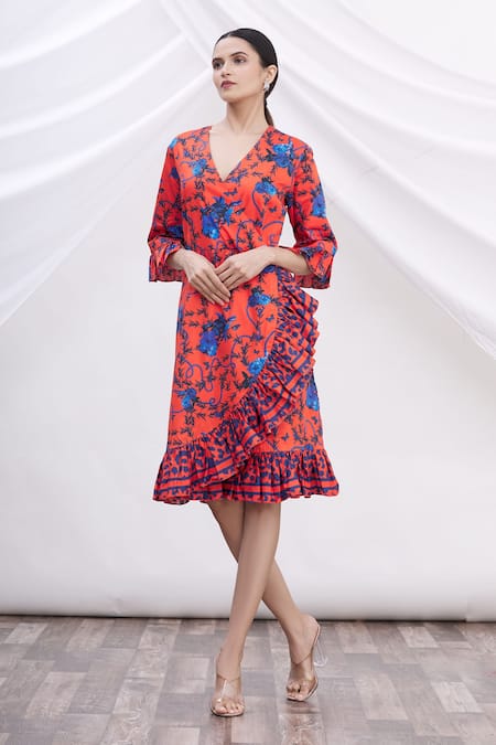MR. Ajay Kumar Red Cotton Floral Motifs V Neck Printed Wrap Dress 