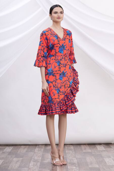MR. Ajay Kumar Red Cotton Floral Motifs V Neck Printed Wrap Dress Online at Aza Fashions MR. Ajay Kumar_Red Cotton Floral Motifs V Neck Printed Wrap Dress _Online_at_Aza_Fashions