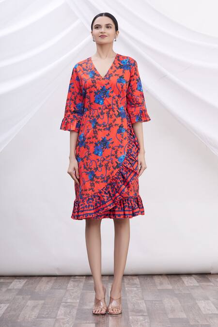Shop MR. Ajay Kumar Red Cotton Floral Motifs V Neck Printed Wrap Dress Online at Aza Fashions Shop_MR. Ajay Kumar_Red Cotton Floral Motifs V Neck Printed Wrap Dress _Online_at_Aza_Fashions