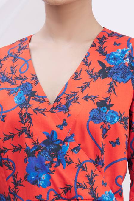 MR. Ajay Kumar Red Cotton Floral Motifs V Neck Printed Wrap Dress at Aza Fashions MR. Ajay Kumar_Red Cotton Floral Motifs V Neck Printed Wrap Dress _at_Aza_Fashions