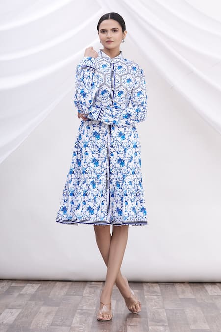 MR. Ajay Kumar White Cotton Floral Motifs Shirt Band Collar Printed Dress 