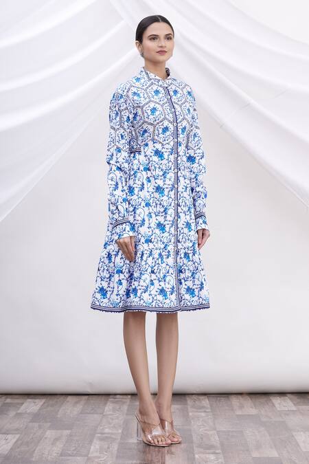 MR. Ajay Kumar_White Cotton Floral Motifs Shirt Band Collar Printed Dress _Online_at_Aza_Fashions