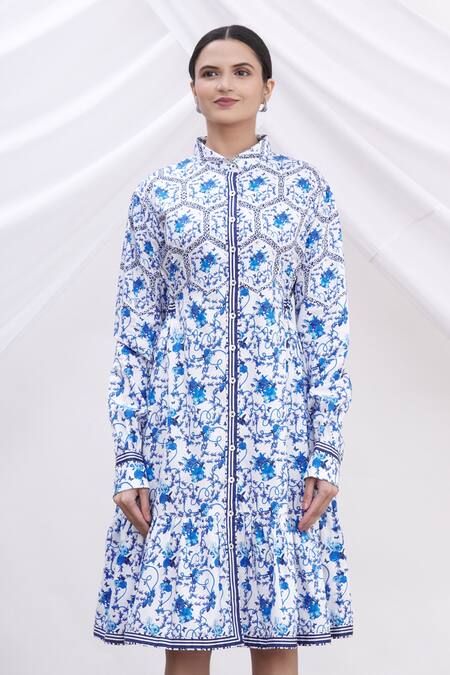 Shop_MR. Ajay Kumar_White Cotton Floral Motifs Shirt Band Collar Printed Dress _Online_at_Aza_Fashions
