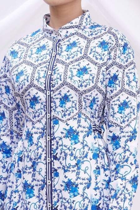 MR. Ajay Kumar_White Cotton Floral Motifs Shirt Band Collar Printed Dress _at_Aza_Fashions