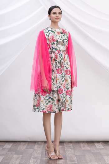 MR. Ajay Kumar_White Cotton Floral Motifs Round Neck Printed Dress _Online_at_Aza_Fashions