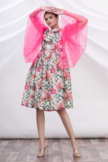 Buy_MR. Ajay Kumar_White Cotton Floral Motifs Round Neck Printed Dress _Online_at_Aza_Fashions