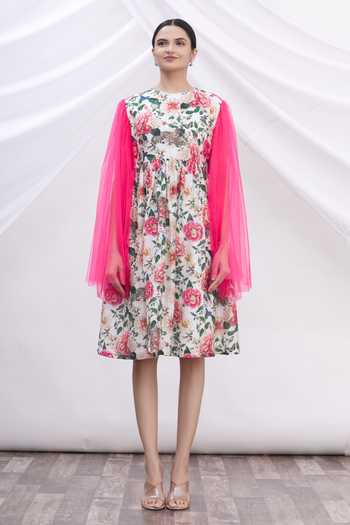 Shop_MR. Ajay Kumar_White Cotton Floral Motifs Round Neck Printed Dress _Online_at_Aza_Fashions