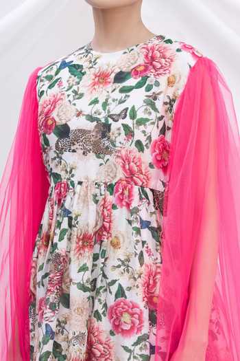 MR. Ajay Kumar_White Cotton Floral Motifs Round Neck Printed Dress _at_Aza_Fashions