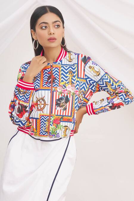 Shop MR. Ajay Kumar Multi Color 100% Cotton Printed Mandarin Collar Jacket Online at Aza Fashions Shop_MR. Ajay Kumar_Multi Color 100% Cotton Printed Mandarin Collar Jacket _Online_at_Aza_Fashions