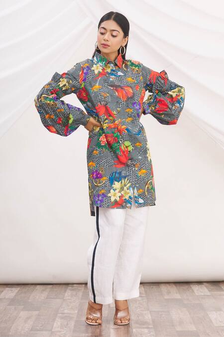 MR. Ajay Kumar Multi Color Cotton Satin Printed Collared Neck Shirt  