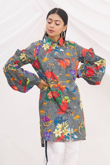 Shop MR. Ajay Kumar Multi Color Cotton Satin Printed Collared Neck Shirt Online at Aza Fashions Shop_MR. Ajay Kumar_Multi Color Cotton Satin Printed Collared Neck Shirt _Online_at_Aza_Fashions