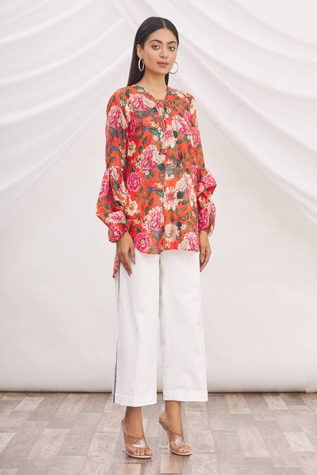 MR. Ajay Kumar Red Silk Printed V Neck Tunic Online at Aza Fashions MR. Ajay Kumar_Red Silk Printed V Neck Tunic _Online_at_Aza_Fashions