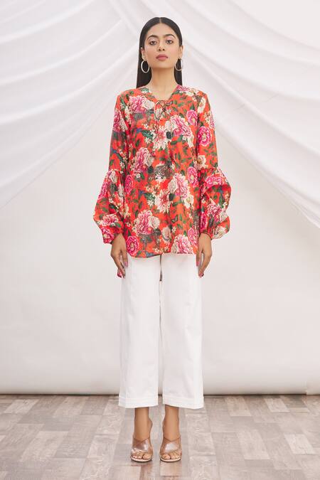 Buy MR. Ajay Kumar Red Silk Printed V Neck Tunic Online at Aza Fashions Buy_MR. Ajay Kumar_Red Silk Printed V Neck Tunic _Online_at_Aza_Fashions