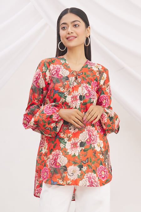 Shop MR. Ajay Kumar Red Silk Printed V Neck Tunic Online at Aza Fashions Shop_MR. Ajay Kumar_Red Silk Printed V Neck Tunic _Online_at_Aza_Fashions