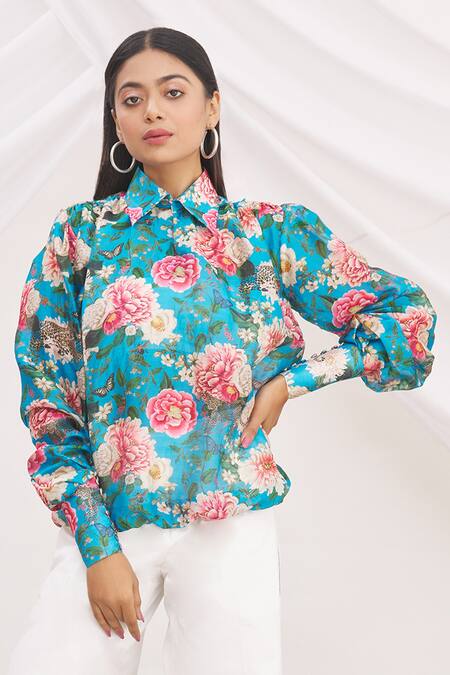 Shop MR. Ajay Kumar Red Silk Printed Collared Neck Shirt Online at Aza Fashions Shop_MR. Ajay Kumar_Red Silk Printed Collared Neck Shirt _Online_at_Aza_Fashions